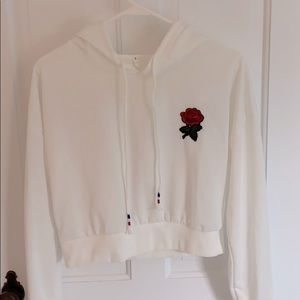 White, Cropped, Hooded Sweatshirt with Rose